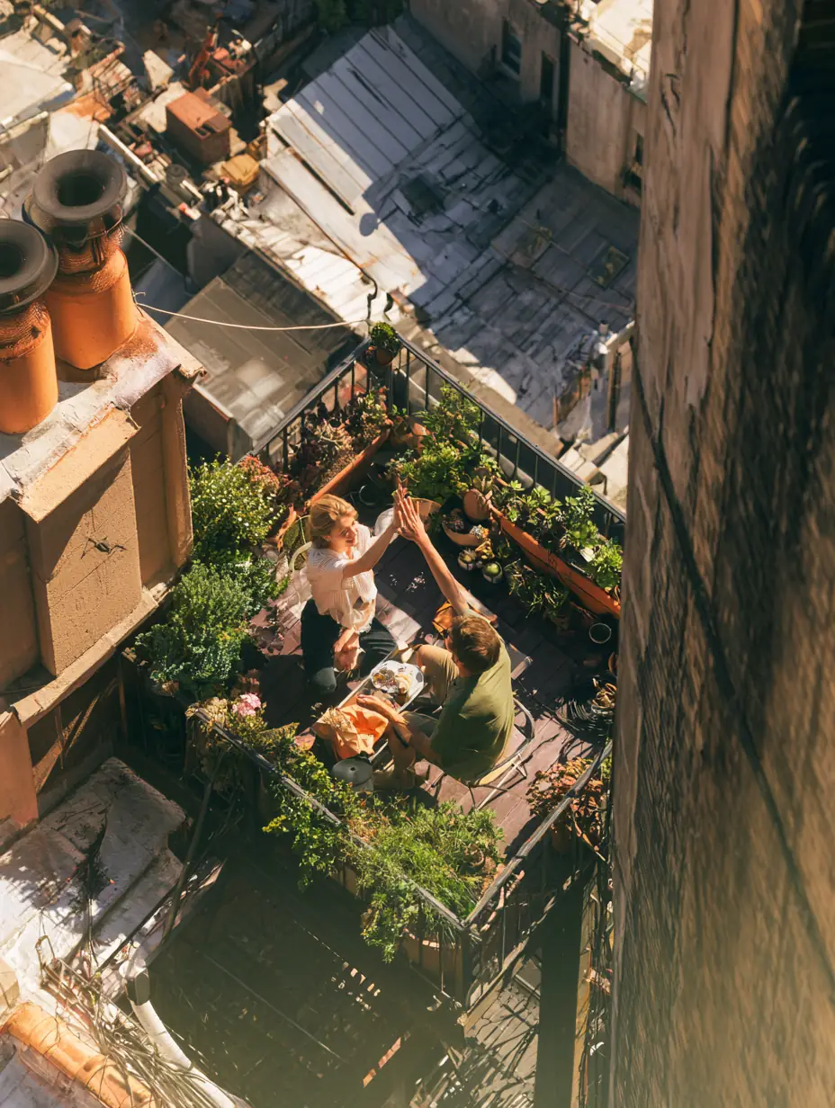 Couple celebrating with a high-five on their apartment balcony