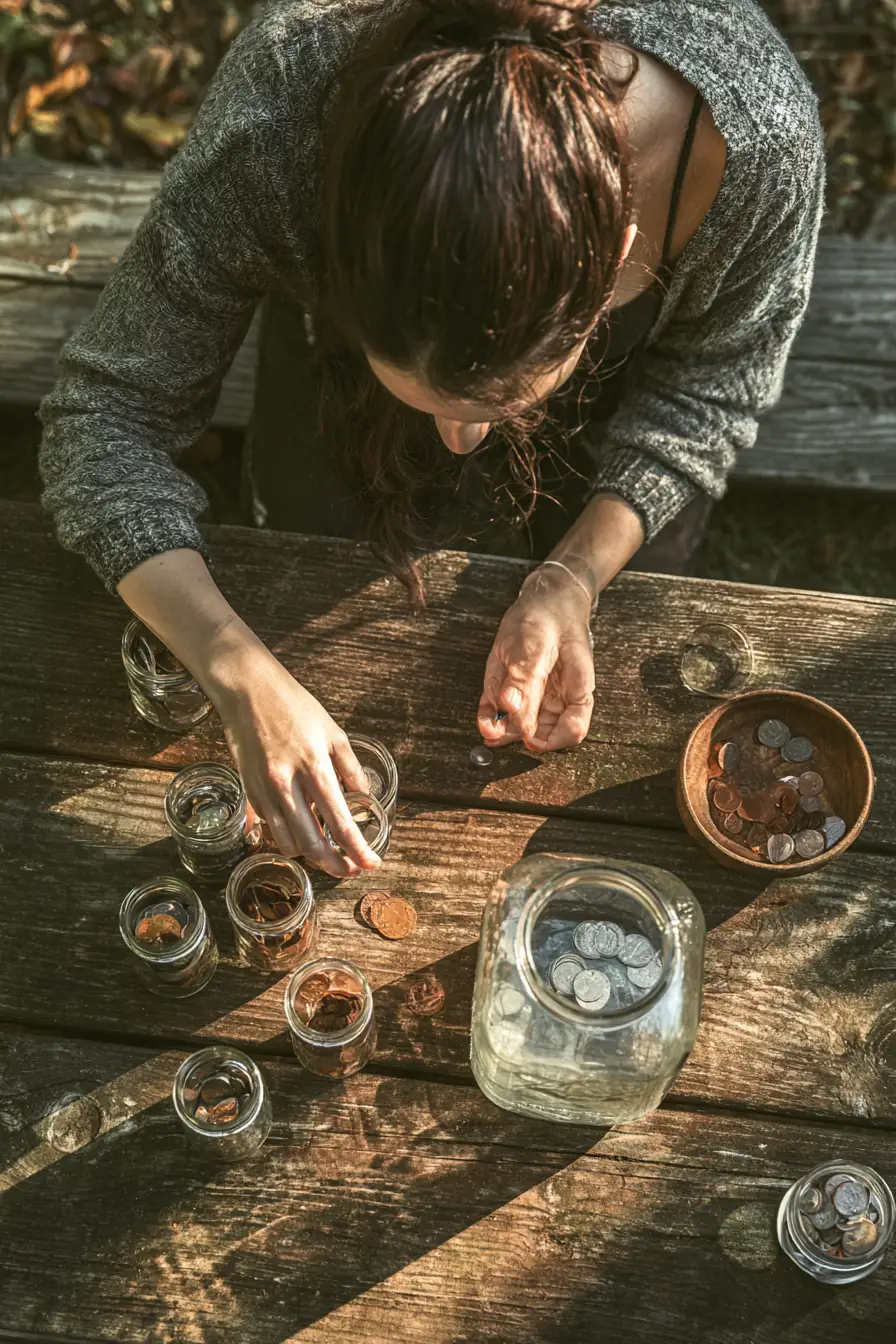 Woman combining jars of coins into one large jar at a picnic table
