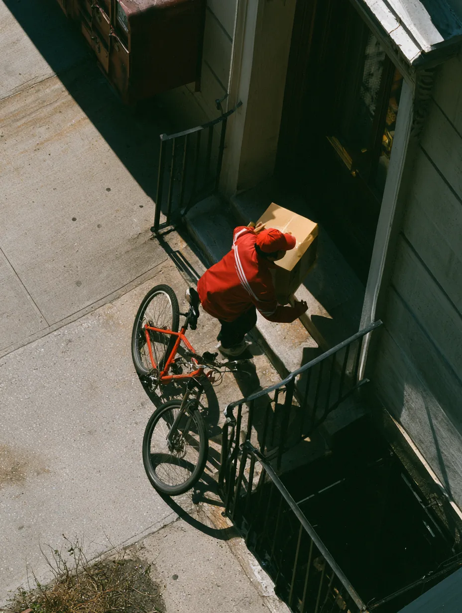 Cyclist making a quick downtown delivery, bike leaned at a doorstep