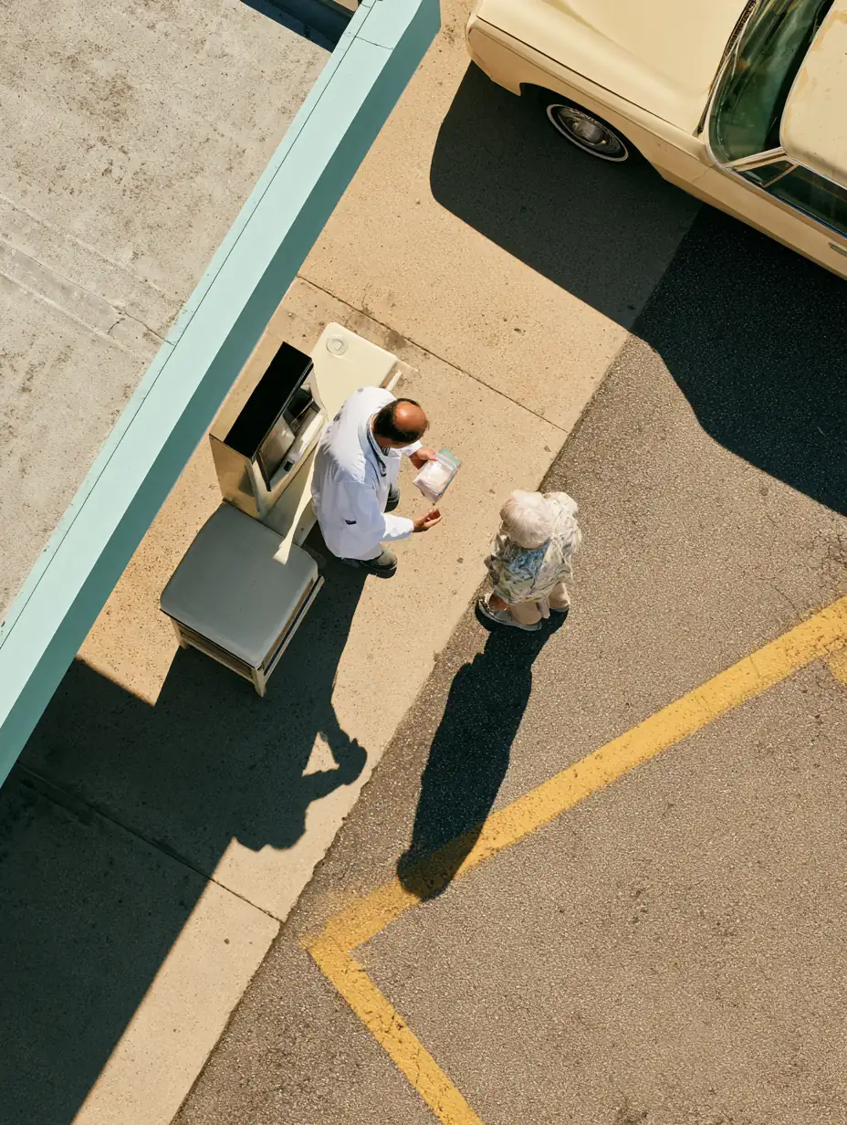 Pharmacist handing a prescription bag to an elderly customer at a pickup window