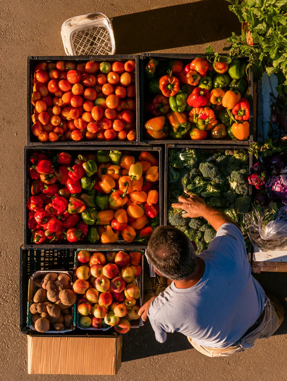 Farmers market vendors' stalls lined up for easy side-by-side browsing