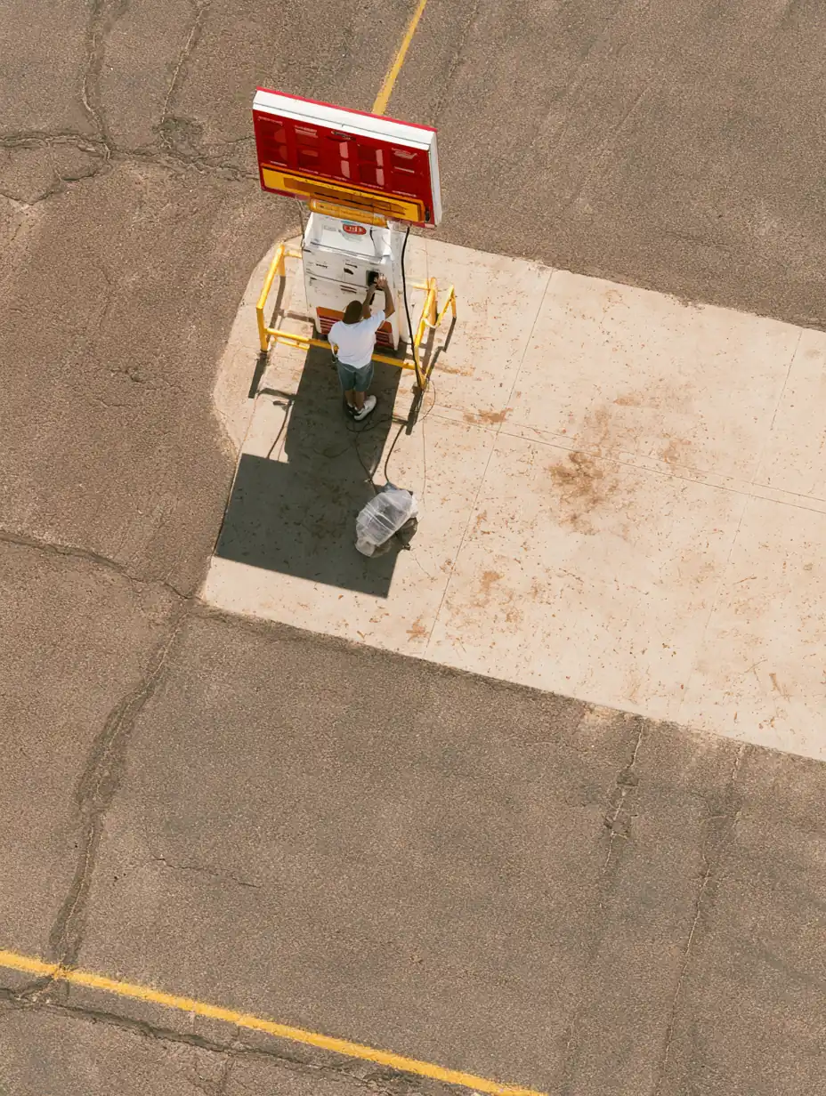 Attendant updating clear posted prices on a roadside sign