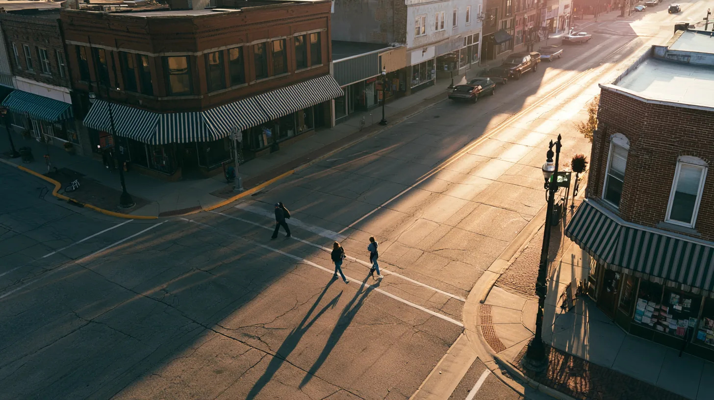 Aerial view of a sunlit American main street, the community explore credit loan serves