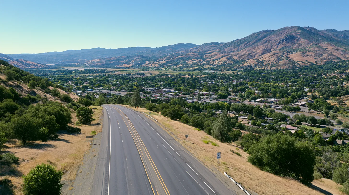 Scenic highway descending toward a valley town with clear mile markers